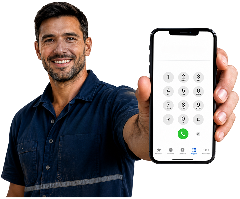 Ryde Blocked Drains plumber holding a phone — call 1300 261 965