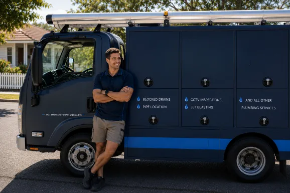 Plumber standing beside a service van in Ryde
