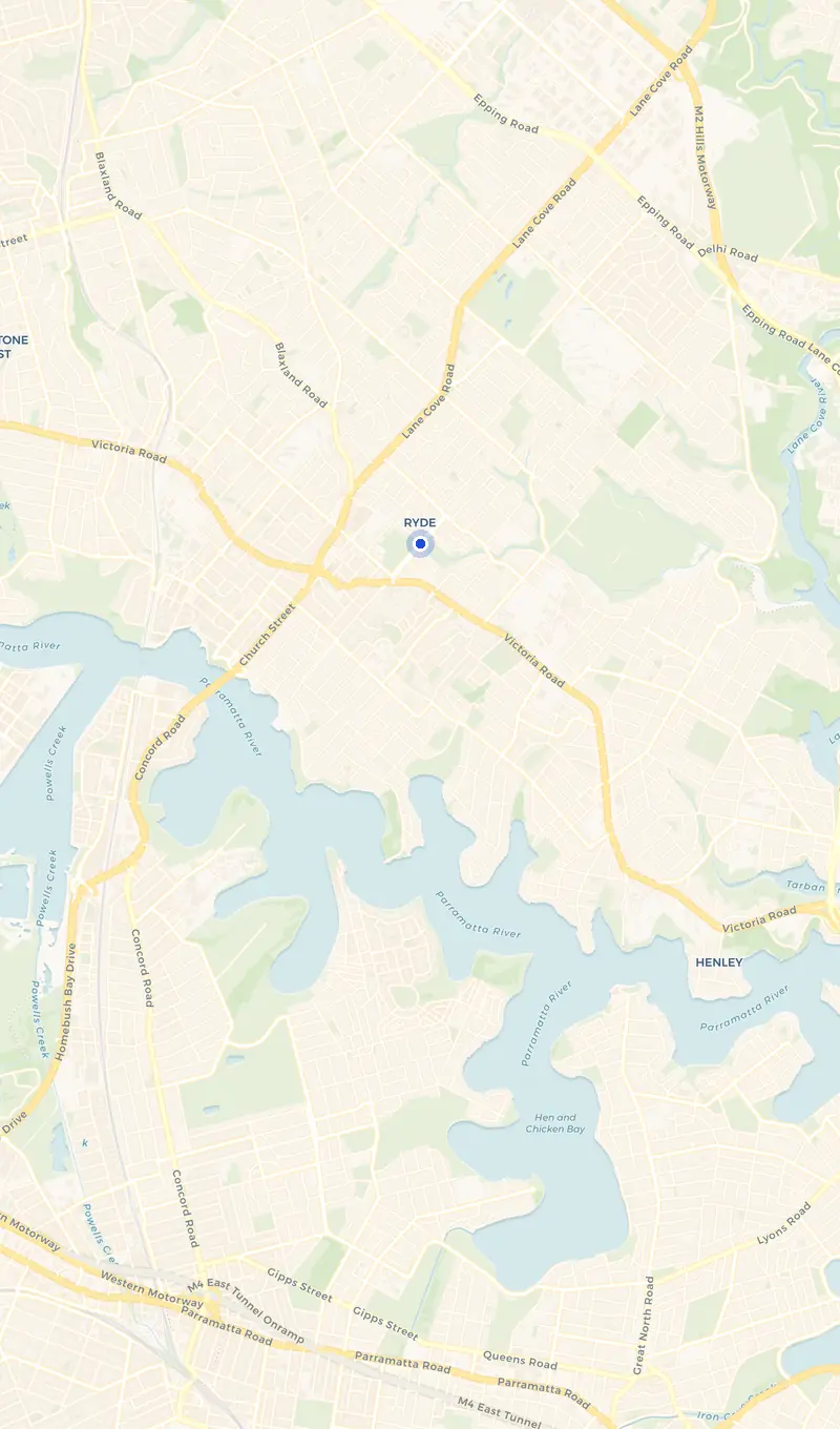Map of the Ryde service area and the surrounding suburbs we cover.