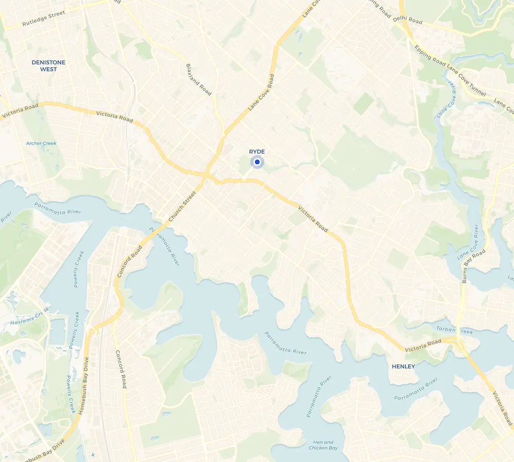 Map of the Ryde service area and the surrounding Ryde district, showing Ryde and the nearby streets we cover.