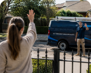 Customer waving goodbye to a Ryde Blocked Drains plumber